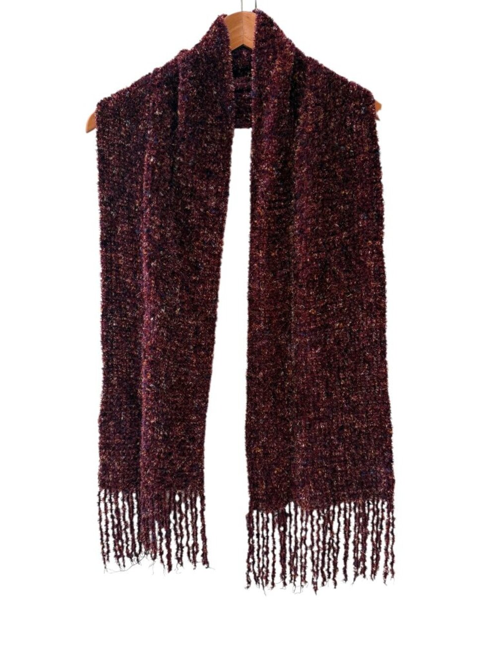 Chunky Burgundy Textured Fringe Scarf | Cozy Fuzzy Knit Winter Wrap
